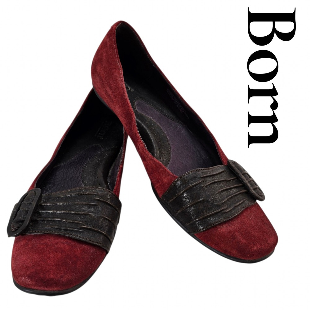 Born Ballet Flats Womens 9 Burgundy Suede Leather Buckle Slip On Boho Shoe